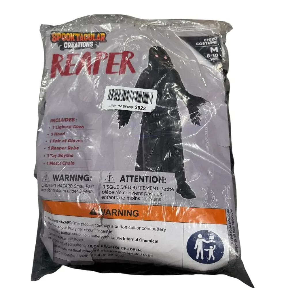 NIP Spooktacular Creations Kids Grim Reaper Costume - Size Medium (8-10 Yrs) New
